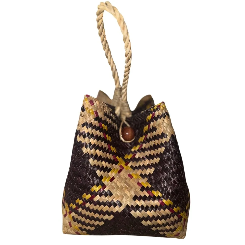 Handwoven Woven Palm Leaf Basket Purse Tote With Wooden Bead Closure & Handle